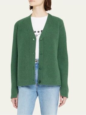 KULE forest Green Russell wool cashmere Ribbed V-Neck Button Cardigan